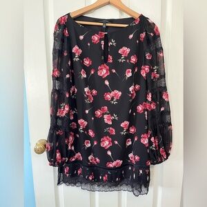 White House Black Market Dress Black Floral Sheet Sleeves with Lace